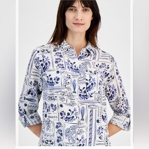 Charter Club 100% Linen Ceramic Print Top. Size Xl Petite. NWT. MSRP $70